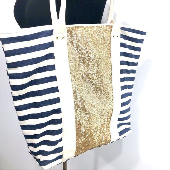 Deux Lux X Everything But Water Navy Blue Gold Sequin Nautical Canvas Tote Bag - Picture 2 of 16